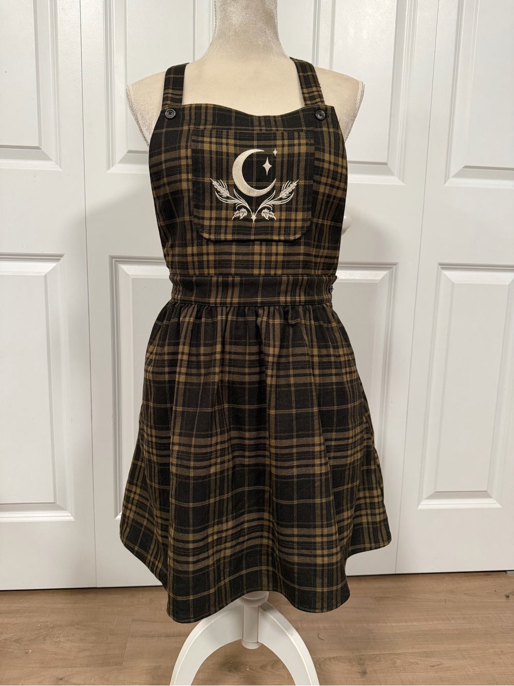 Disturbia Brown Plaid Pinafore Dress with Crescent Moon - Picture 2 of 6